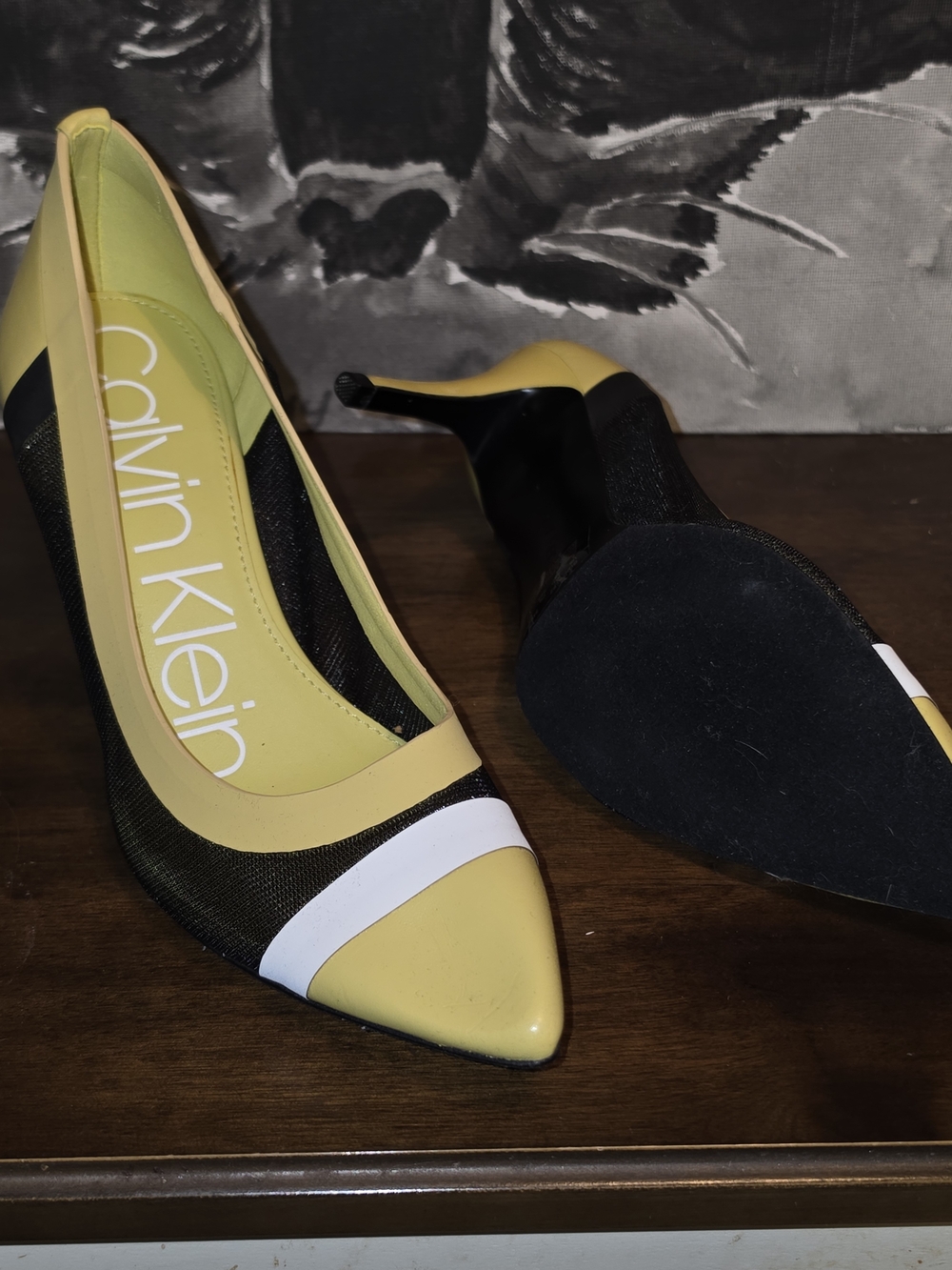 Calvin Klein Yellow, Black and White Pointed Toe Pumps